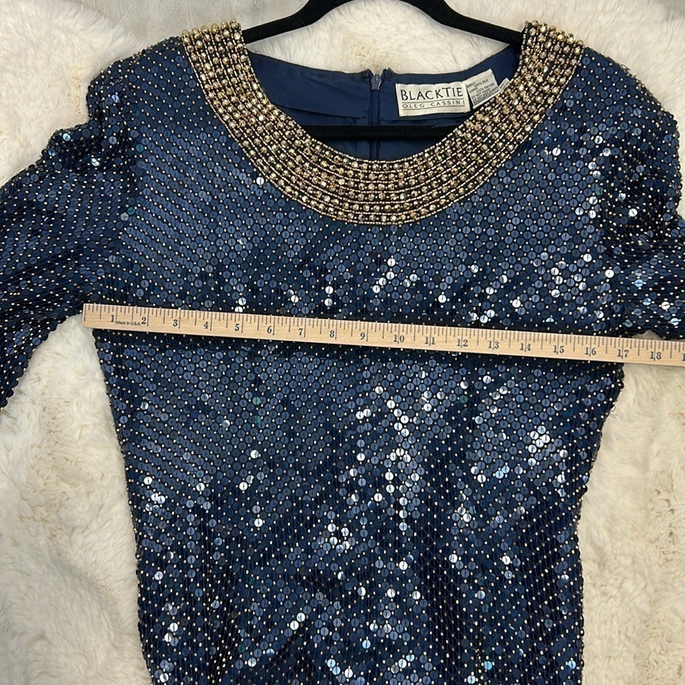 OLEG CASSINI BlackTie Navy Blue & Gold Silk Shimmery Dress W/Beads & Seq… - Picture 8 of 9
